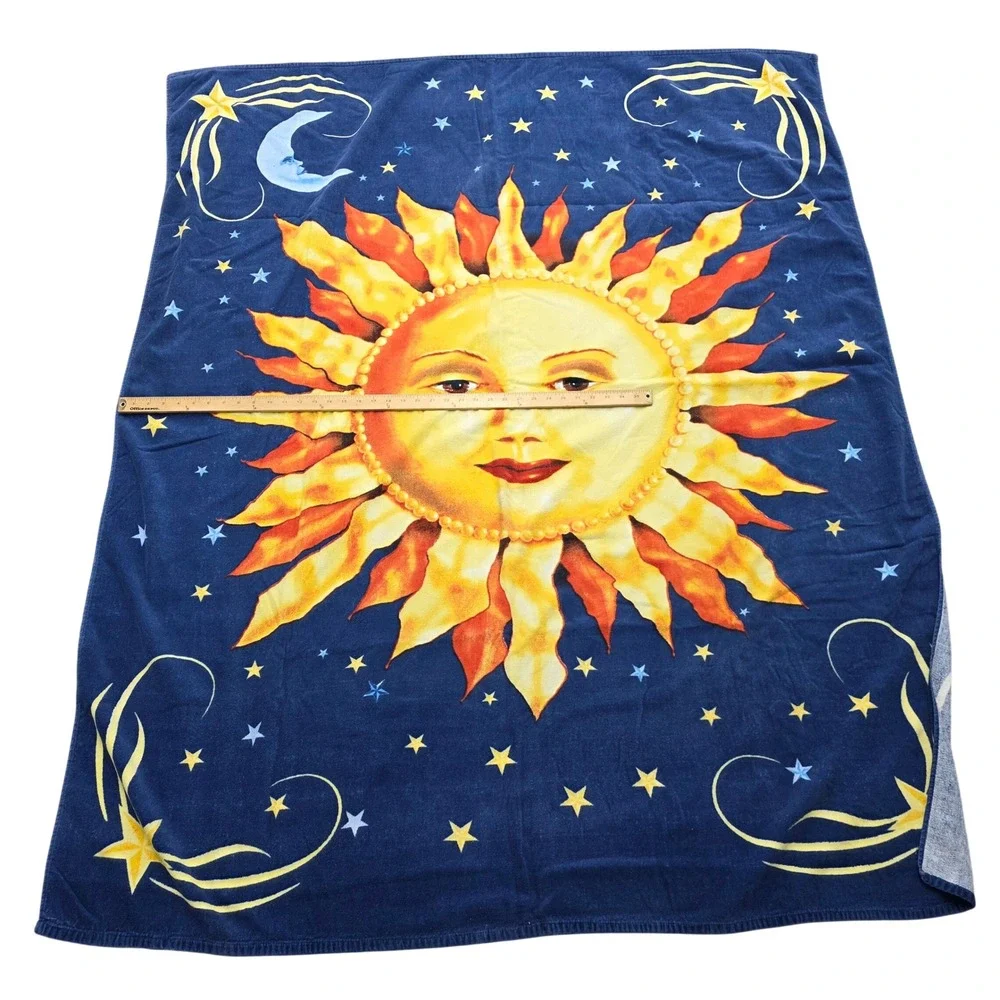 Vintage‎ 1990s Sun Blanket Celestial Sun Moon Stars Navy Cozy Giant Beach Towel